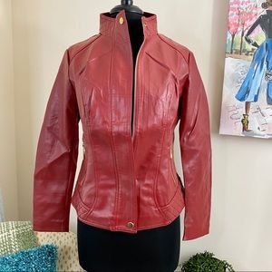 Red Faux Leather Jacket with Gold Hardware
